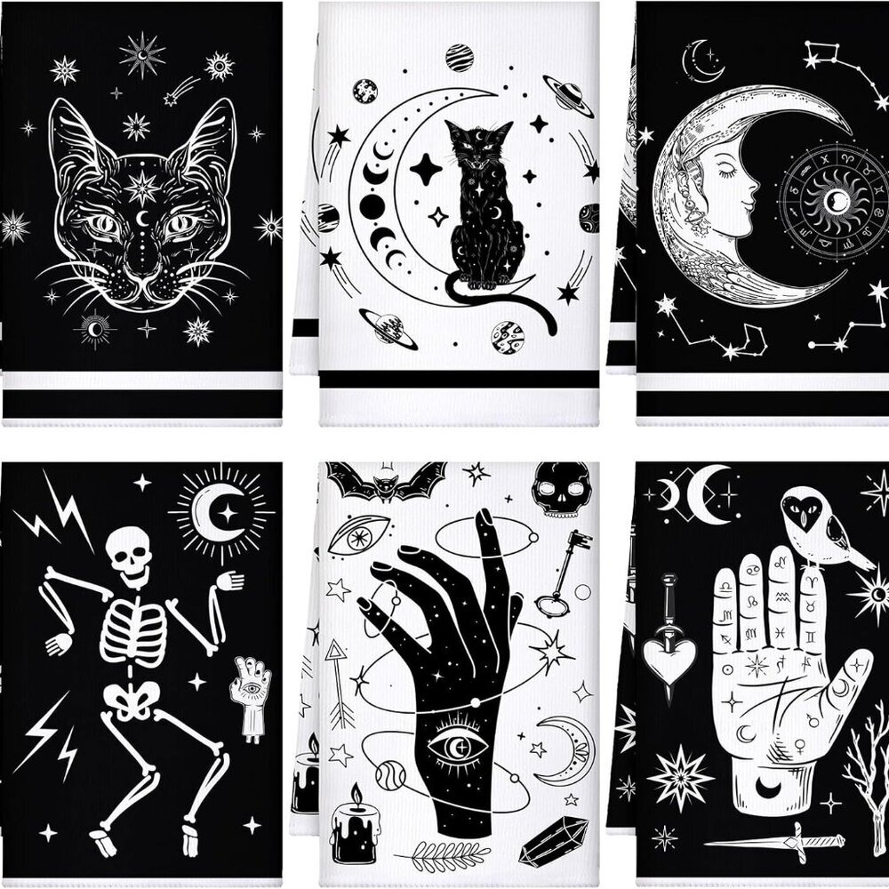 6 Pcs Halloween Skull Kitchen Towels Black Cat Gothic Dish Hand Towels Witchy Mo